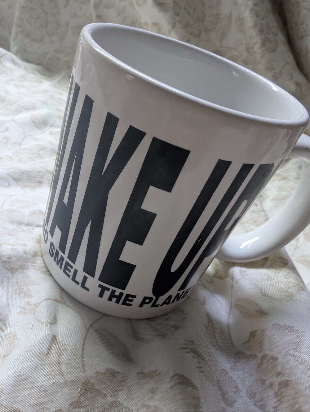 Vintage Ecologic Int'l '90 White Ceramic Coffee Mug - WAKE UP AND SMELL THE PLAN